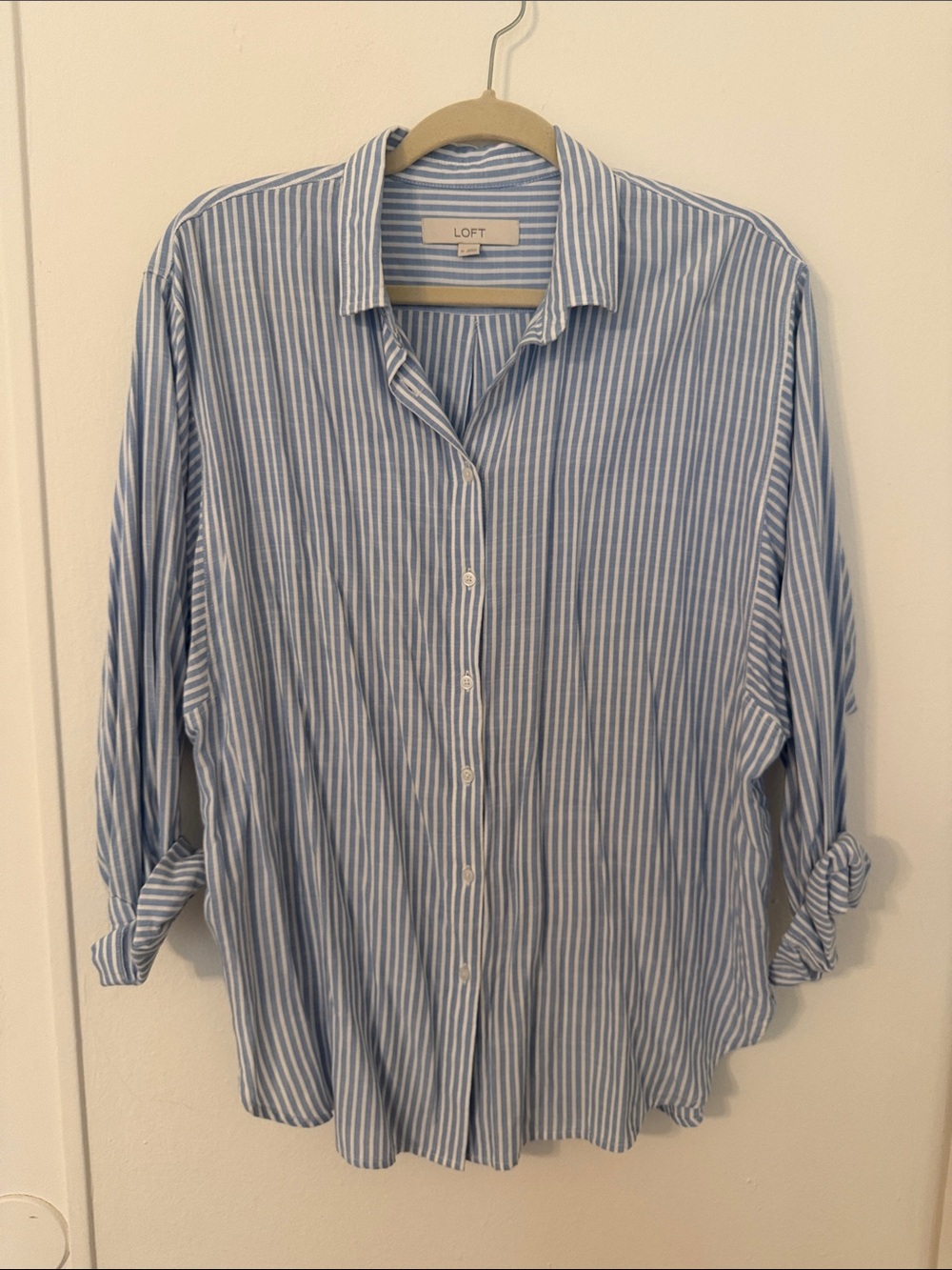 LOFT Blue White Striped Button Down Shirt Lightweight